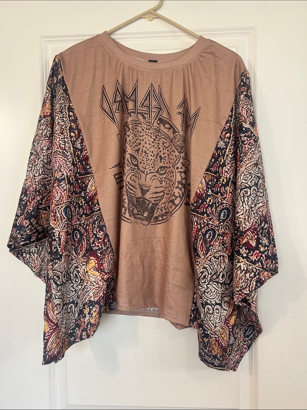 Boho Leopard Graphic Tunic Top in Tan with Patterned Dolman Sleeves